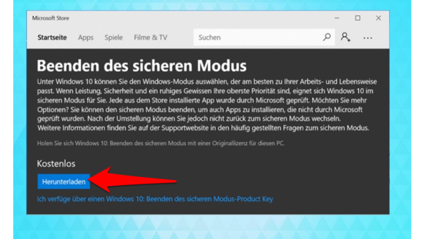 04 Windows 10 - Store - Beenden des sicheren Modus.